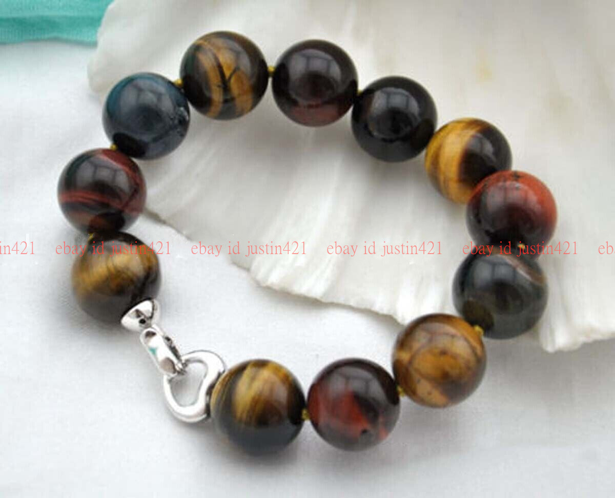Natural 6/8/10/12/14/16mm Red Yellow Blue Tiger’s Eye Round Gems Bracelets 7-9″