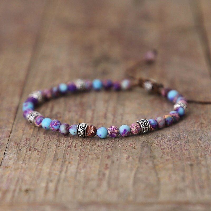 Natural 4mm Sea Sediment Jasper Stone Beaded Bracelet Purple & Blue Bracelet