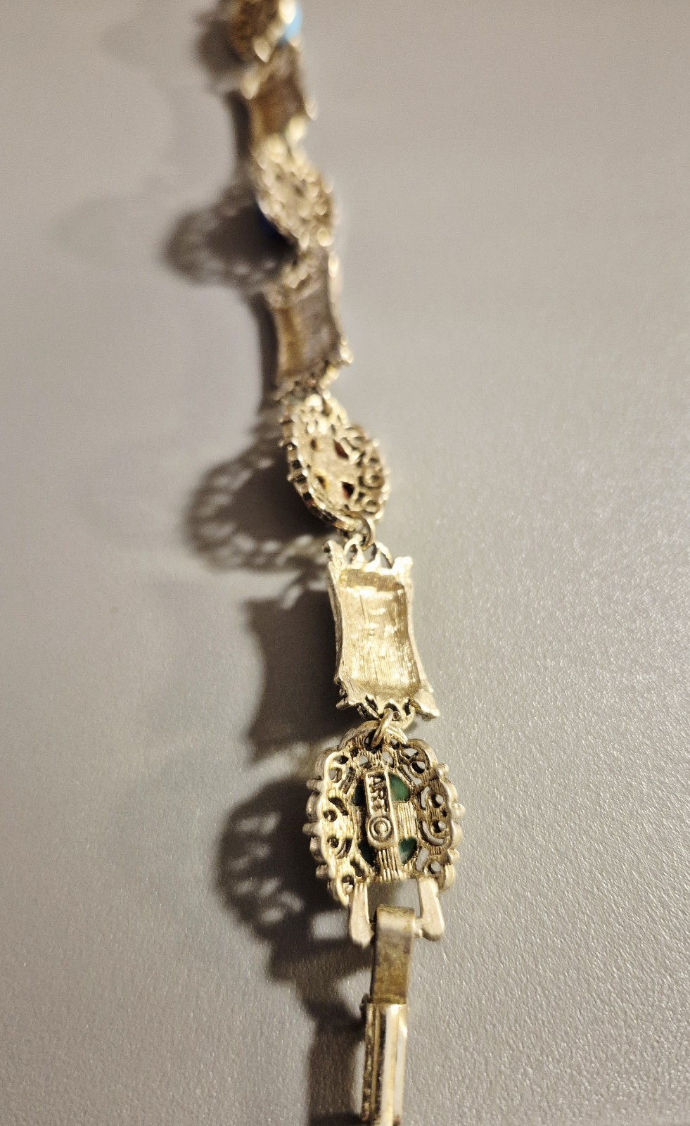 Vintage Signed ART Multi Stone Panel Bracelet Victorian Revival Cabochon 1960s