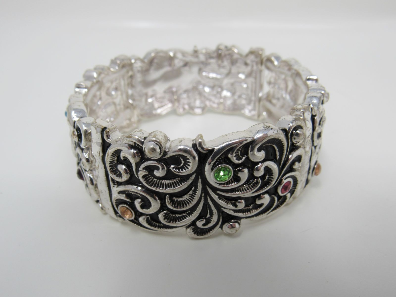 Designer Stretch Bangle Bracelet Silver/Multicolored Gems Female Adult