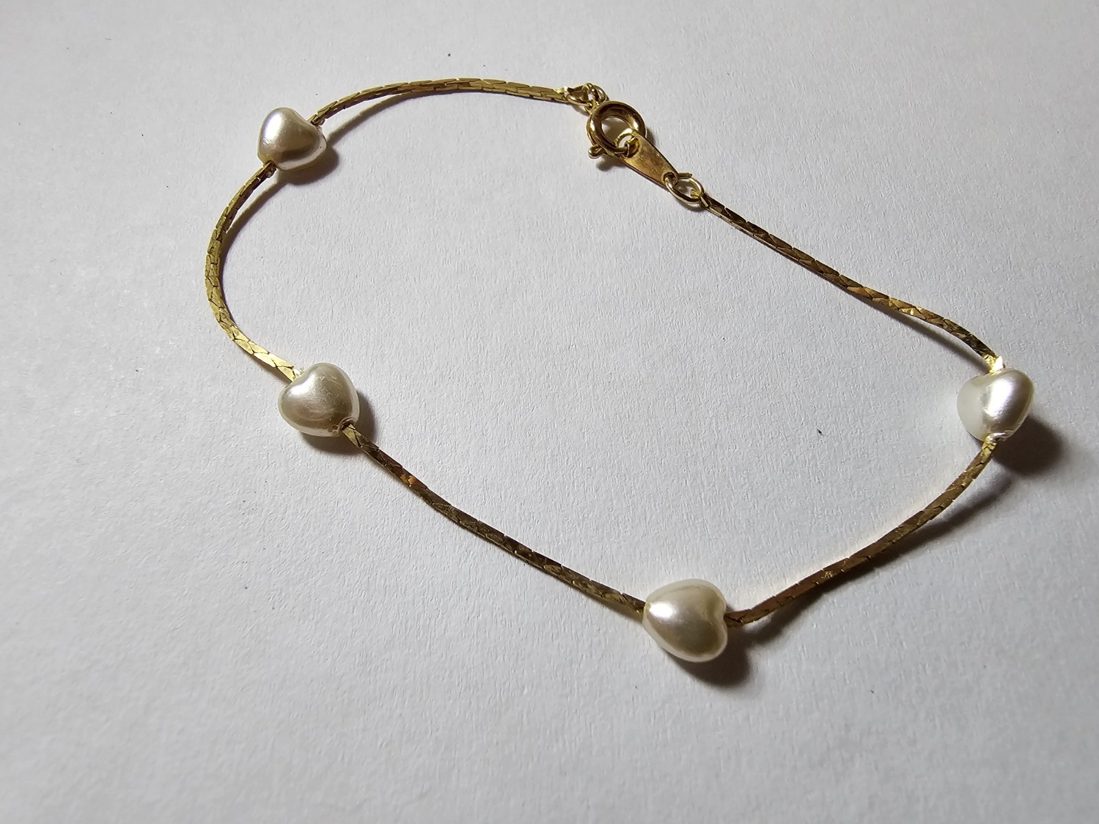 Gold Tone Chain Bracelet, White Round Imitation Pearl Beads, Spring Ring