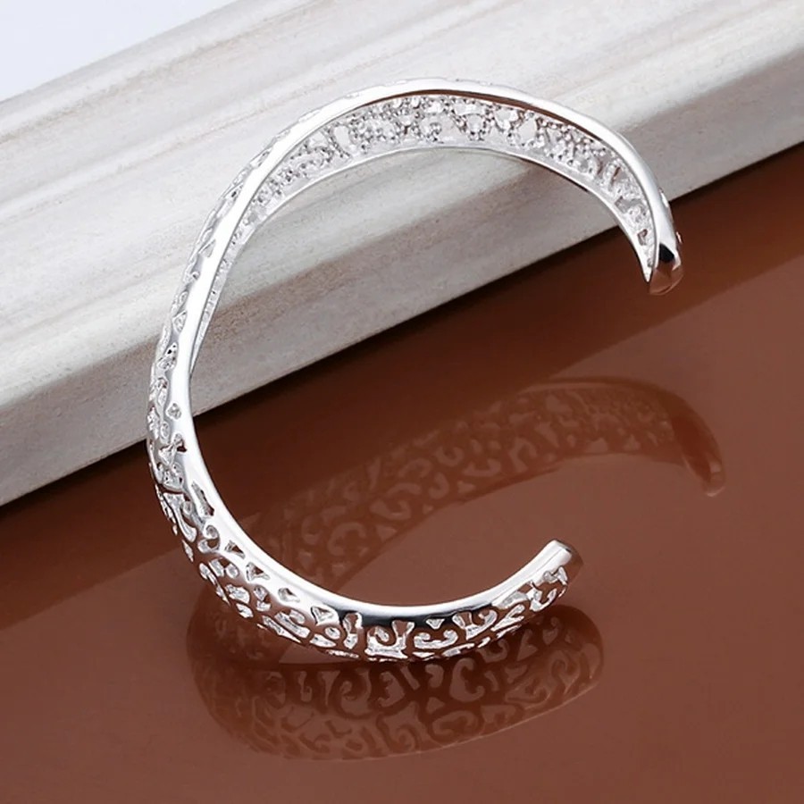 925 Sterling Silver Open Cuff Bangle Bracelet Round Women Fashion Jewelry Gift