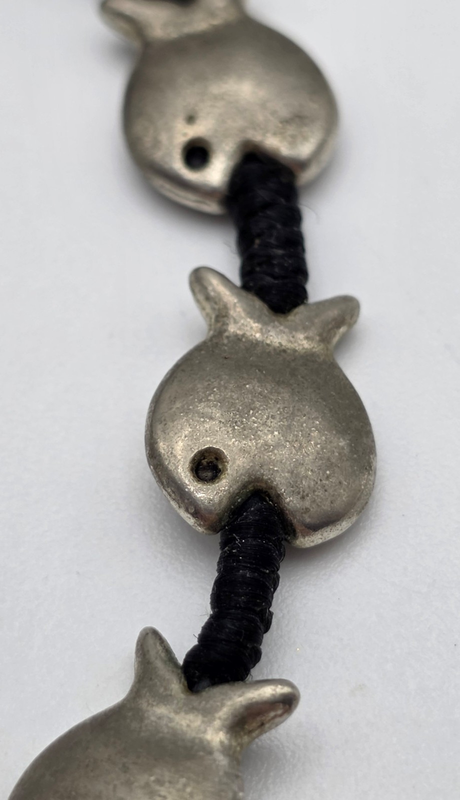 Silver Tone Fish Black Cord Bracelet 8” Boho Nautical Artisan Style