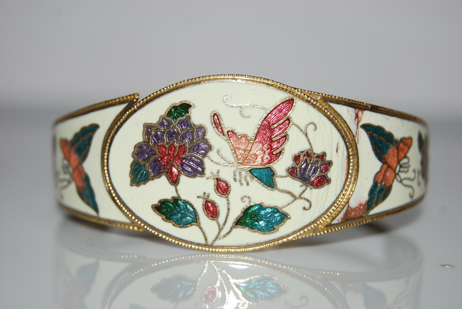 Vintage Enamel Cloisonne Or Champleve On Golden Metal Statement Hinged Bracelet