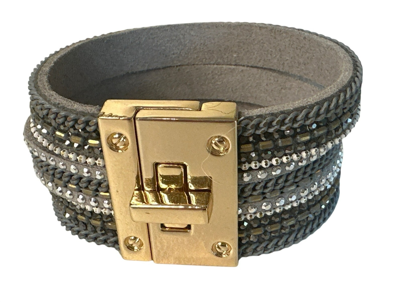Beaded Wrap Bracelet Turnlock Clasp Gray Faux Leather & Metallic Studs Goth