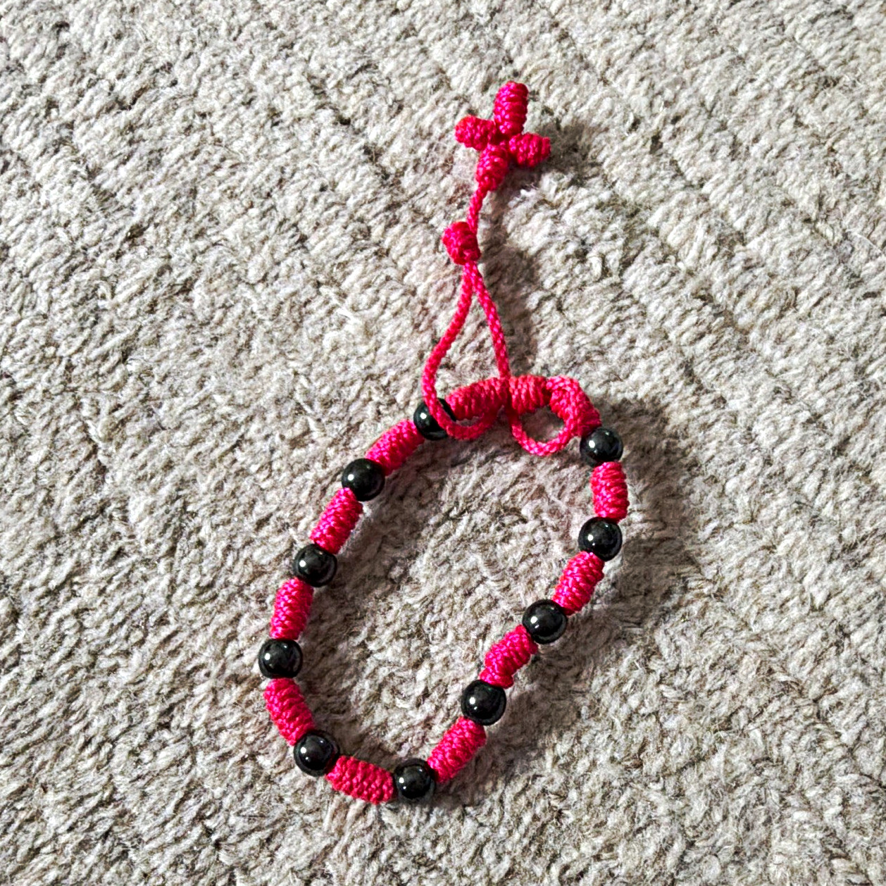 Pink & Black Beaded Cord Bracelet, Adjustable Closure, Round Black Beads