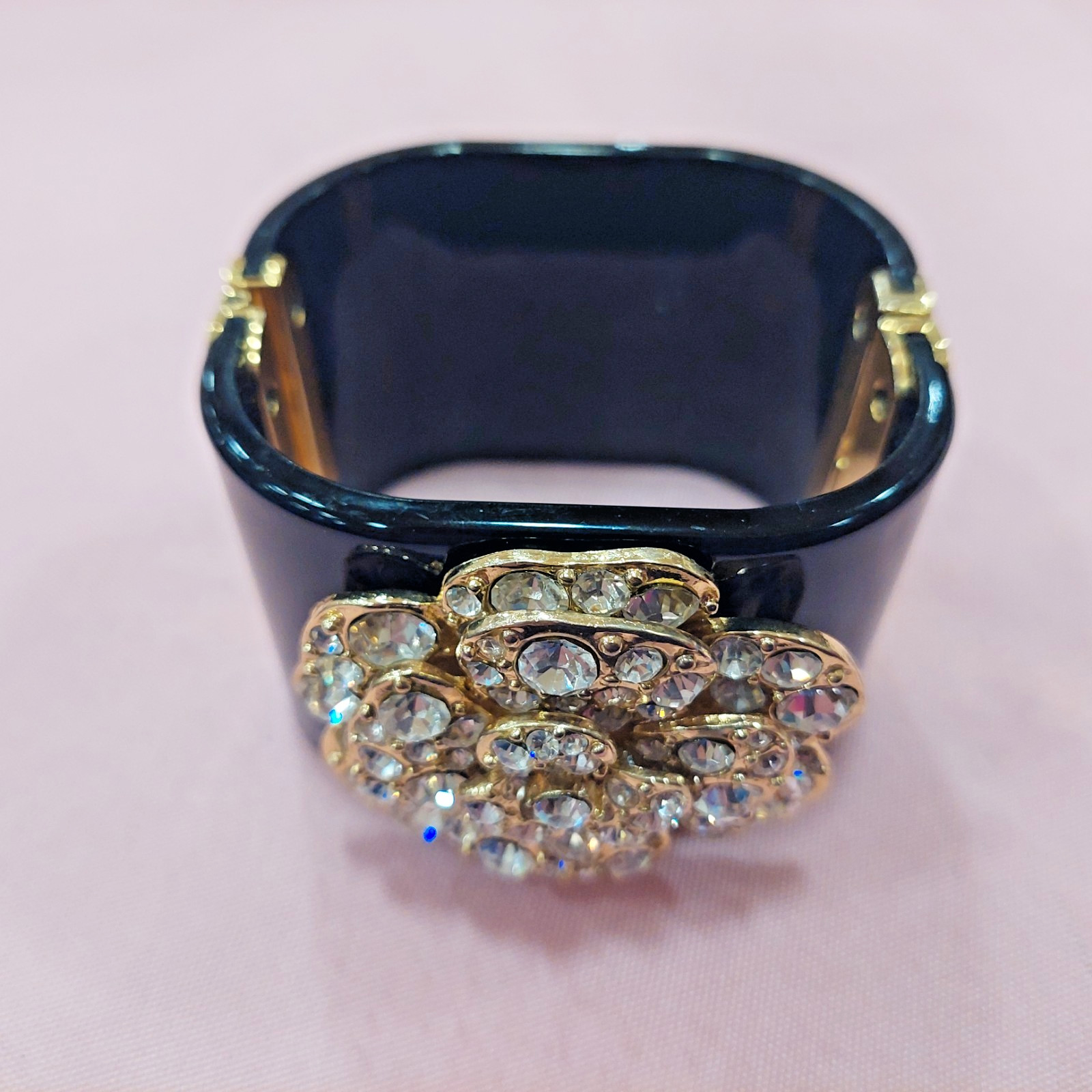 Black and Gold Crystal Flower Resin Cuff Bracelet