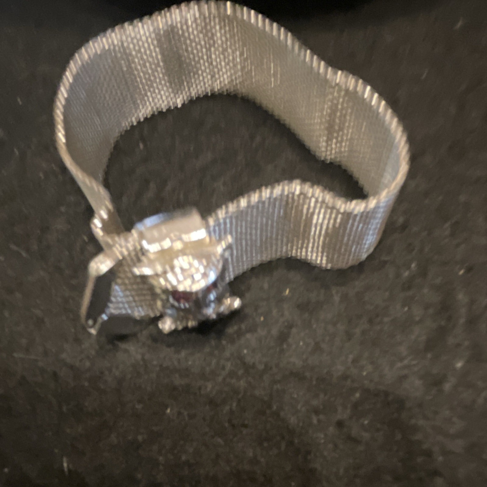 Sarah Coventry Silver Tone Mesh Slide Bracelet Owl Charm & purple Crystal Eyes