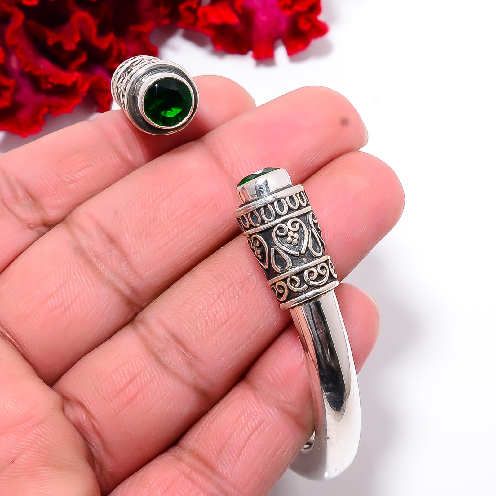 Chrome Diopside 925 Sterling Silver Bali Cuff|C100039416