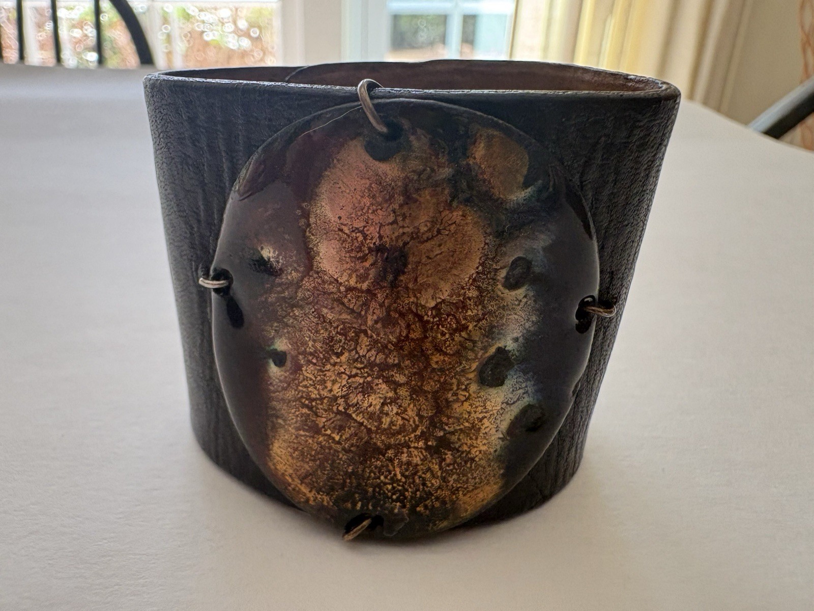 Leighelena Genuine Leather Metallic Cuff Bracelet with Enamel Centerpiece 7.5″