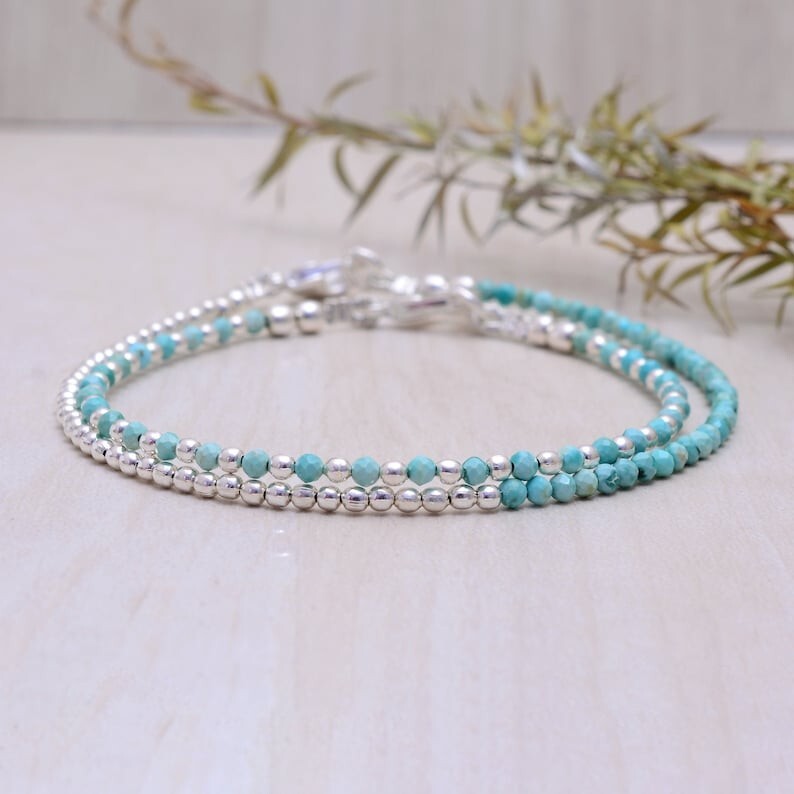 A++ Dainty Turquoise Faceted Round Gemstone Silver Filled Beads Bracelets 6-8”