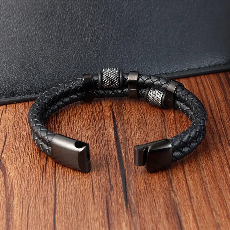 Men’s Stainless Steel Genuine Leather Bracelet Strength Fashion Bangle Wrap Gift