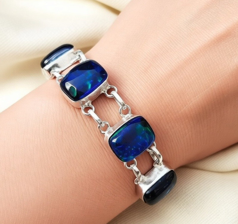 Australian Triplets Opal Gemstone 925 Sterling Silver Handmade Jewelry Bracelet