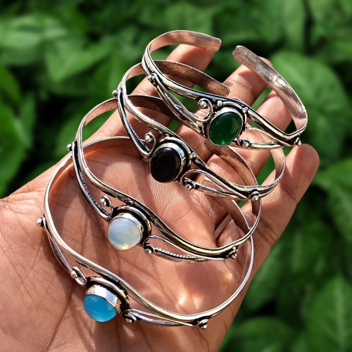 Opalite & Mix Gemstone 5 PCS Cuff Bangles 925 Silver Plated Wholesale Jewelry