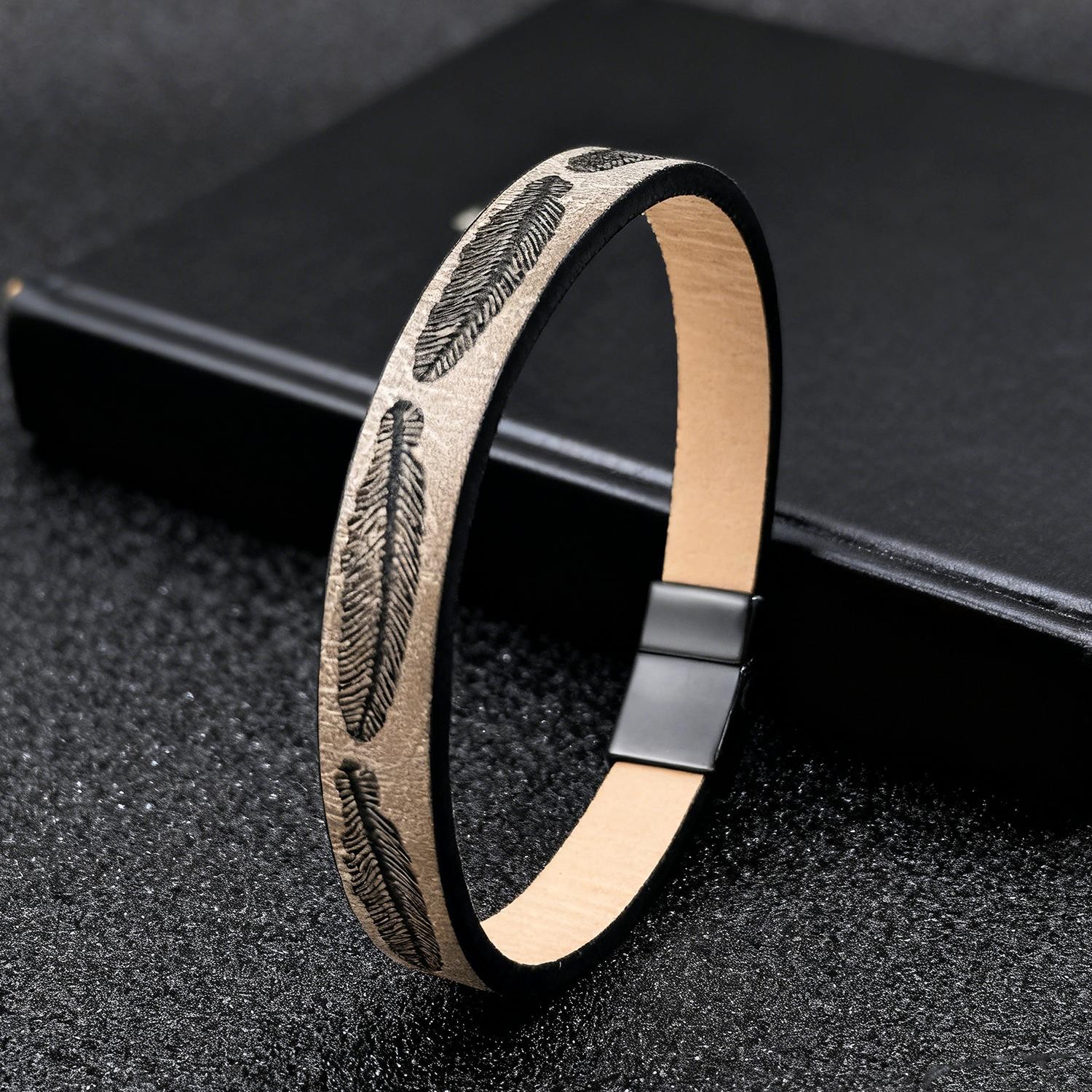 Feather Pattern Leather Cord Bracelet Unisex Minimalist Bohemian Jewelry