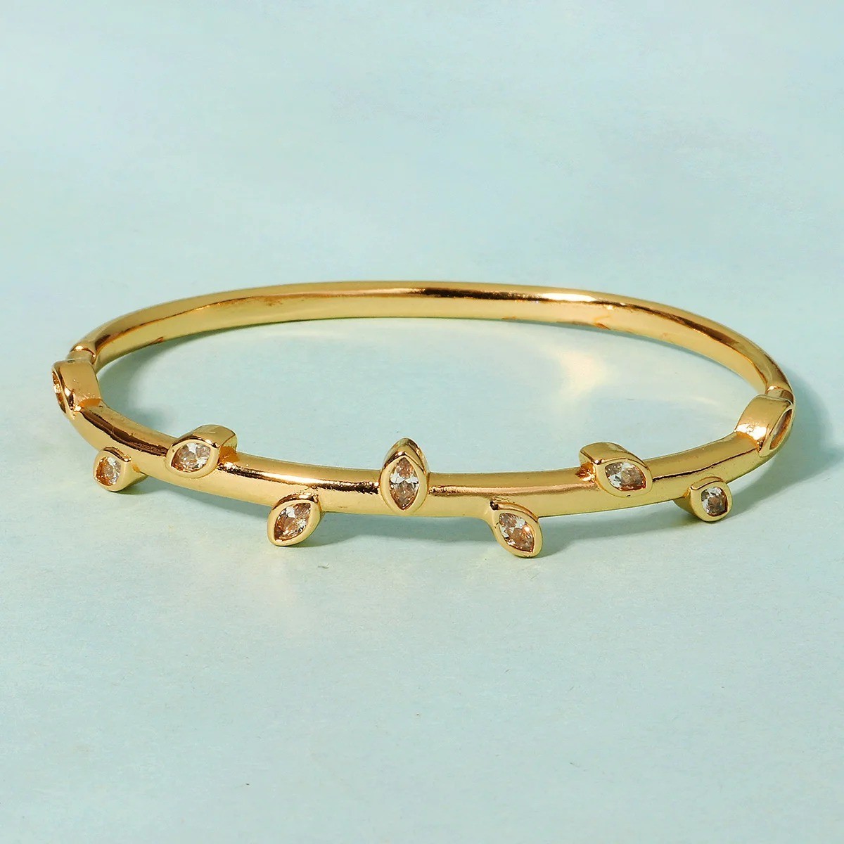 14k Yellow Gold plated Open Nail Bolt Trendy Bracelet AAA quality cubic zirconia