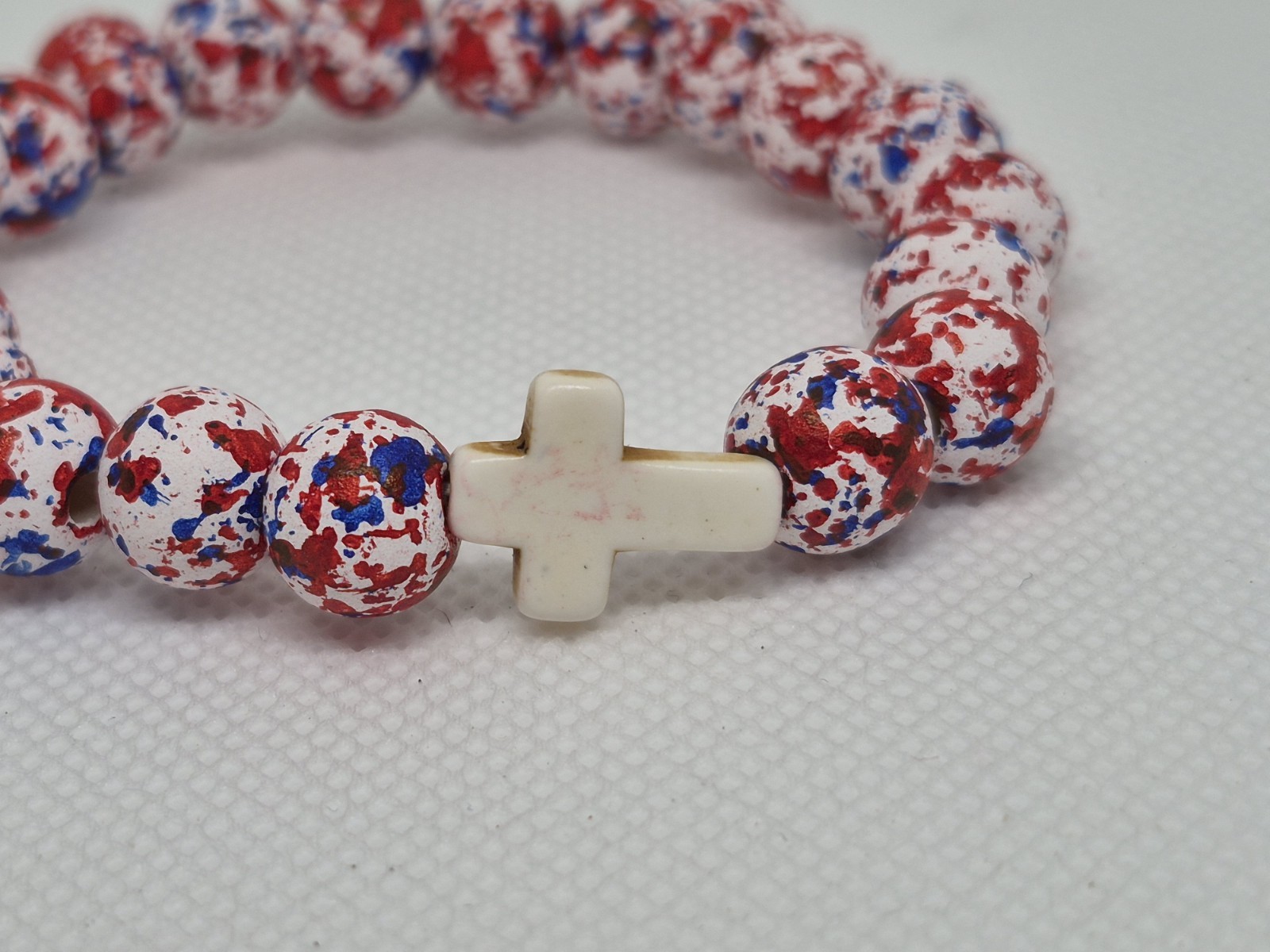 Set of 3 Multicolor wood Round Beaded Stretch Bracelets w/ Cross Dangle Charms