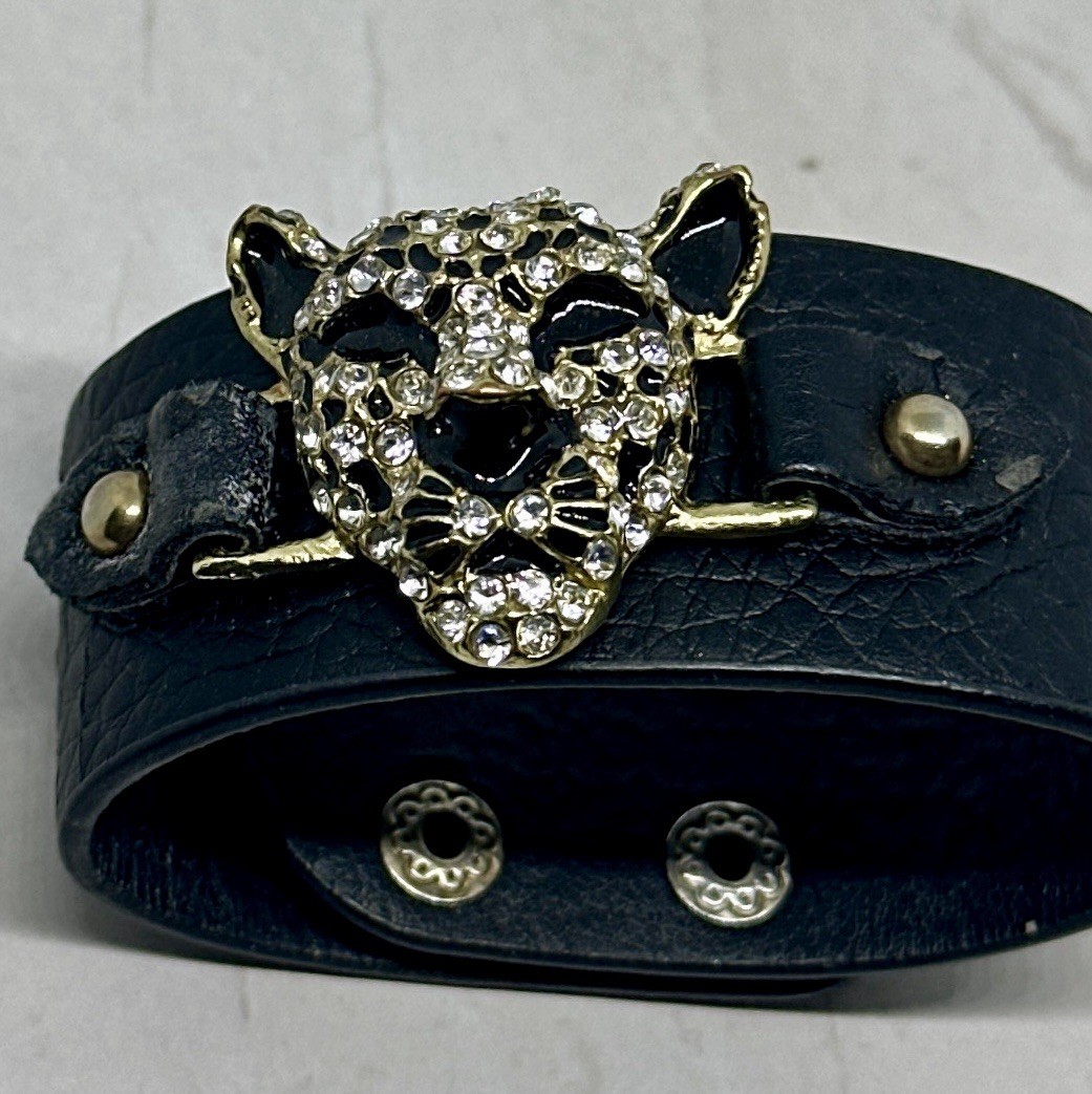 Gold Tone Leopard Head Rhinestone Faux Leather Statement Bracelet