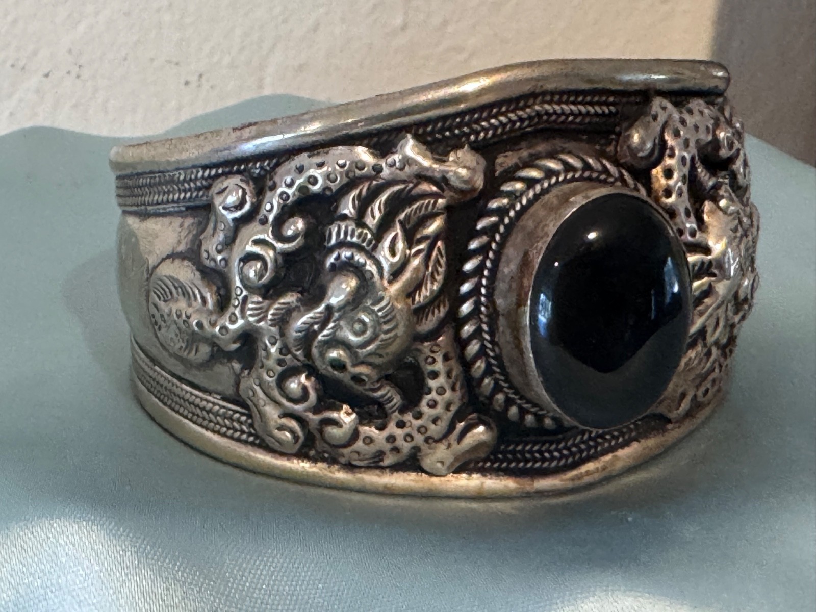 Cuff Bracelet Tibetan Nepal Silver Plated Embossed Dragons Onyx Oval Stone