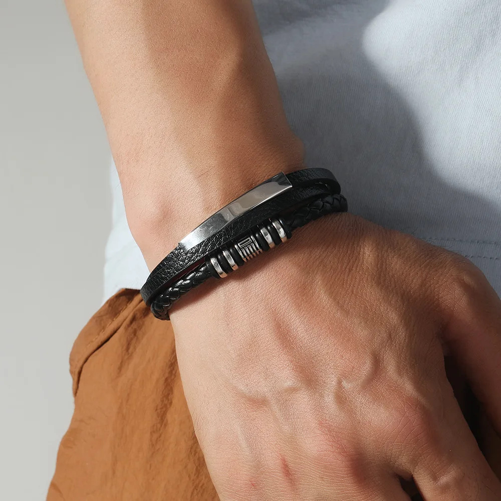 Bracelet 21CM Multilayer Braided Rope Bracelets for Male Trendy Leather