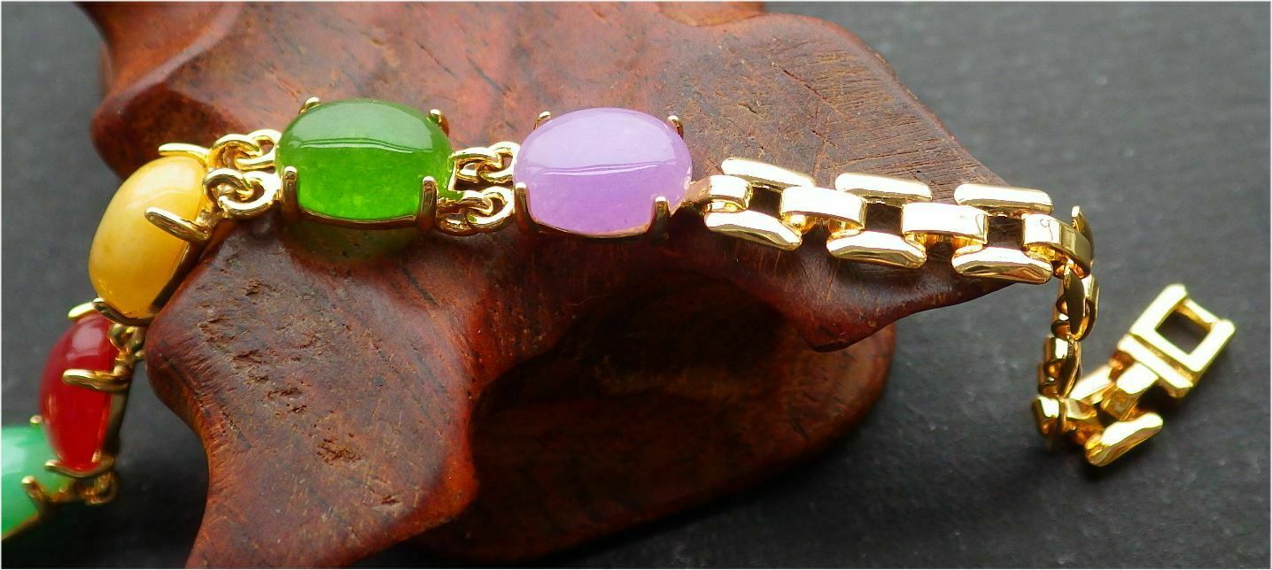 Gold Plate Lavender Red Green Yellow JADE Cabochon Beads Bangle Bracelet 101006