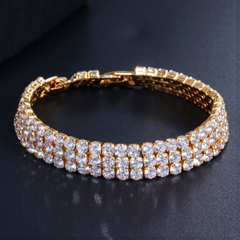 3 Row Round Yellow Gold Plated Cubic Zirconia Big Wide Tennis Wedding Bracelet