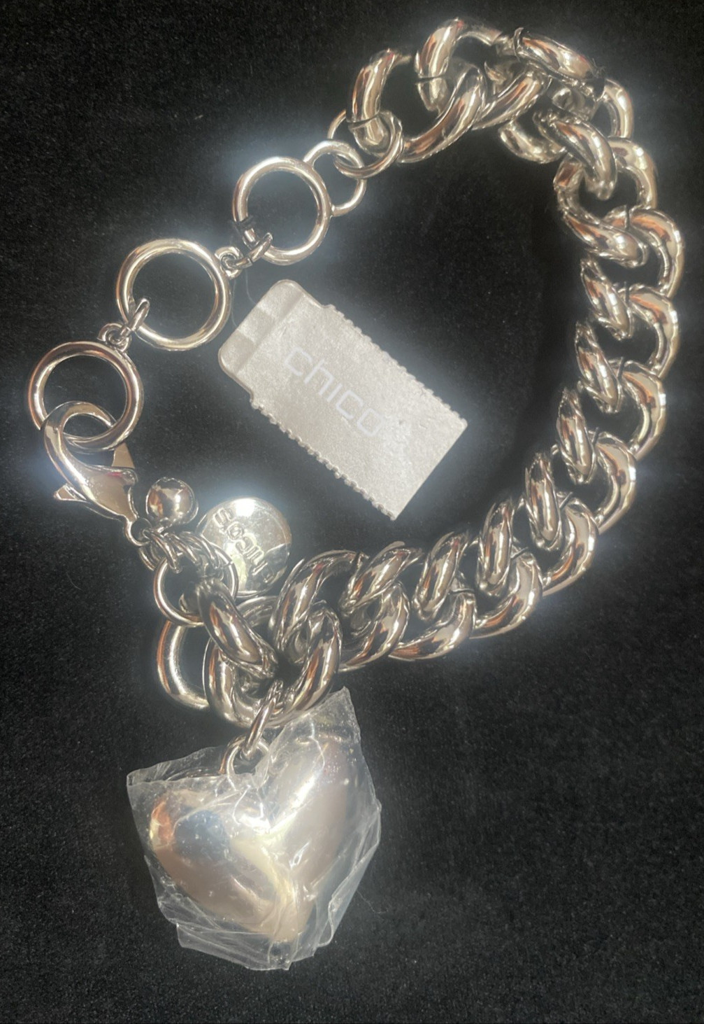 CHICO’S Thick Chunky Silver Tone Heart Charm Bracelet Heavy Solid HEART NWT