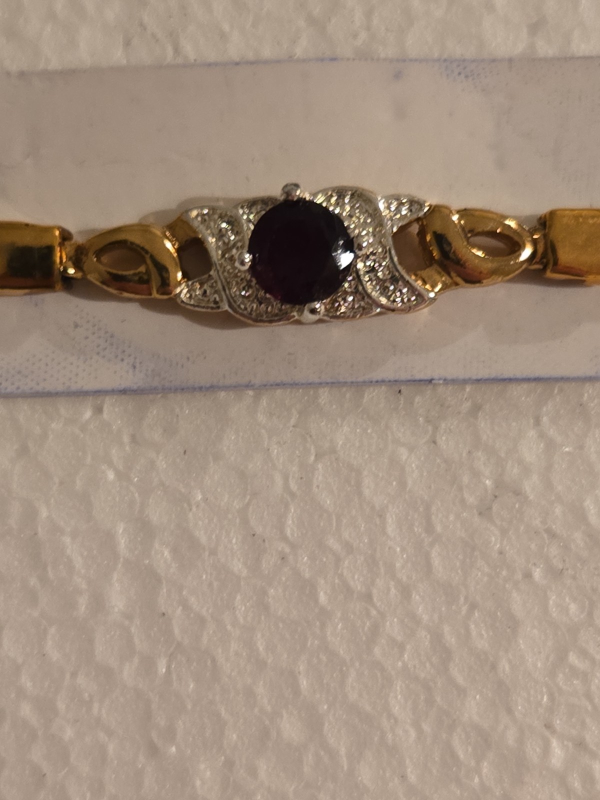 Gold Tone Bracelet Herringbone Chain Dark Red Garnet Silver Tone Setting 7″