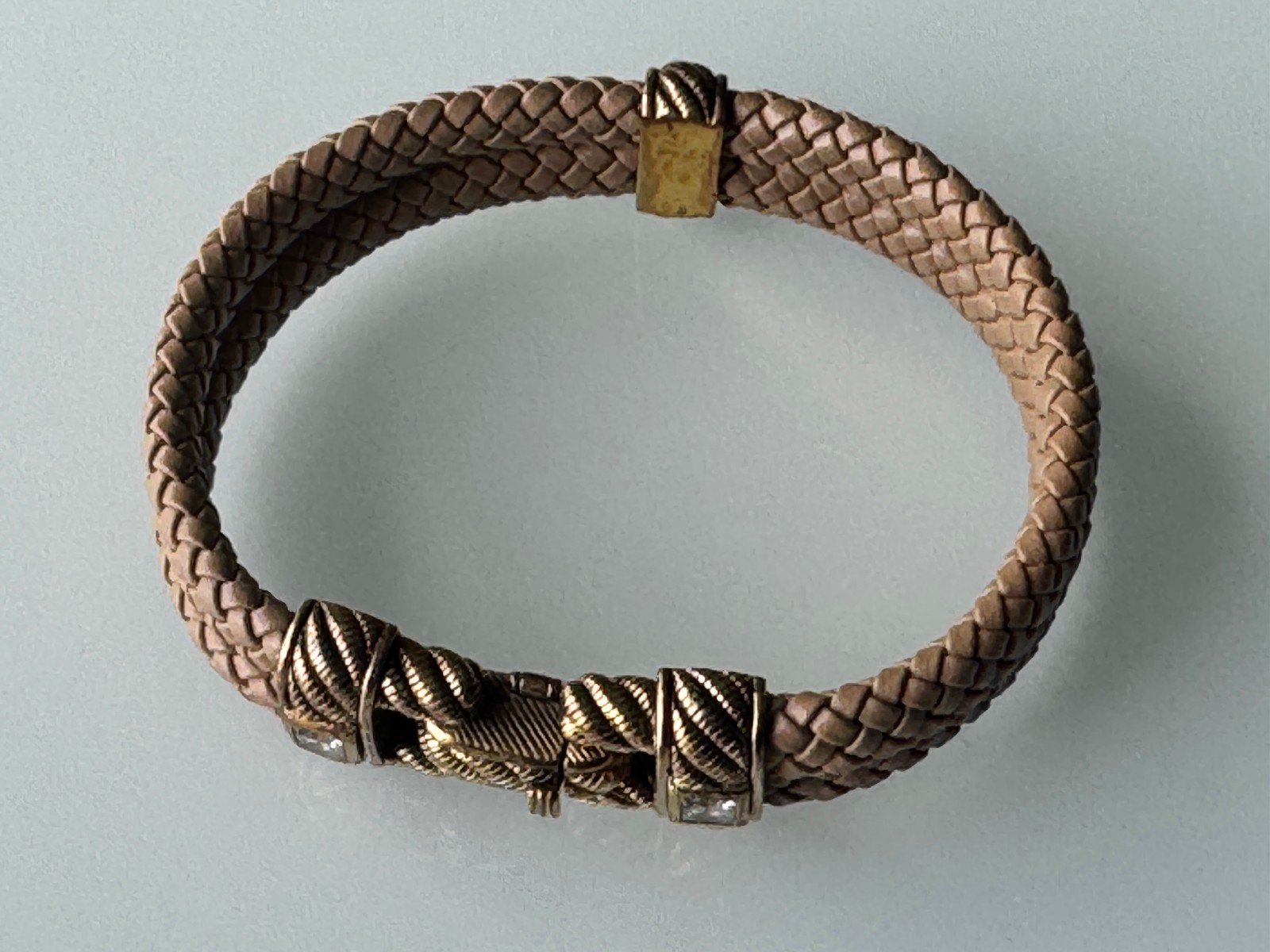 Judith Ripka 925 Sterling Silver & Tan Leather Push-Lock Latch 7″ Bracelet