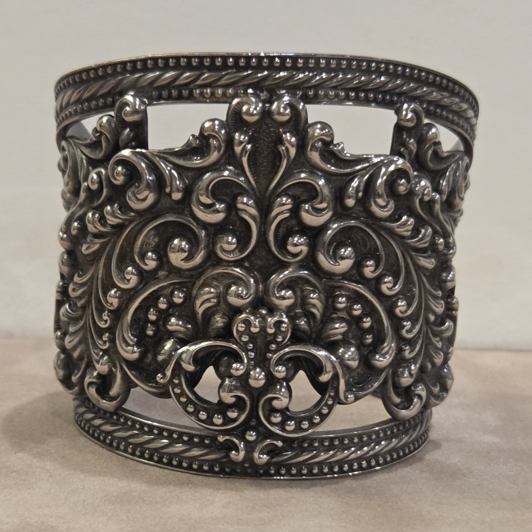 1950’s Napier Wide Silver Tone Ornate Openwork Cuff Bracelet 8″ Circumference