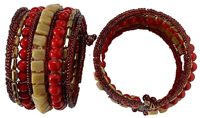 Cuff Bracelet, Wire Frame, Flexes Open, Stone & Glass Beads, Fits Wrists 6.5-8″