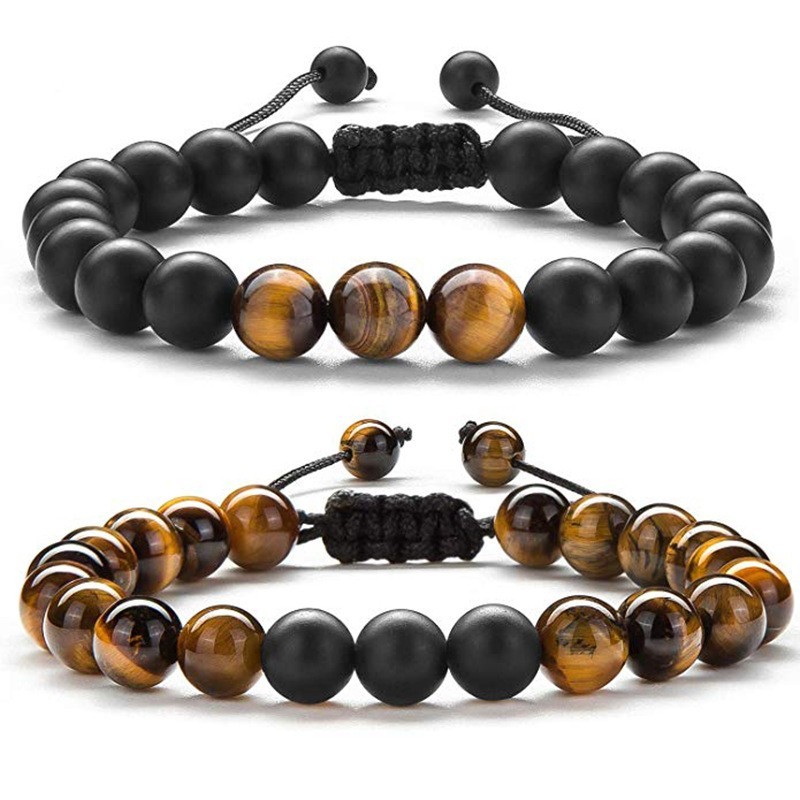 Beaded Bracelets Set Beaded Natural Tiger Eye & Matte Agate Lava Rock US 2pc