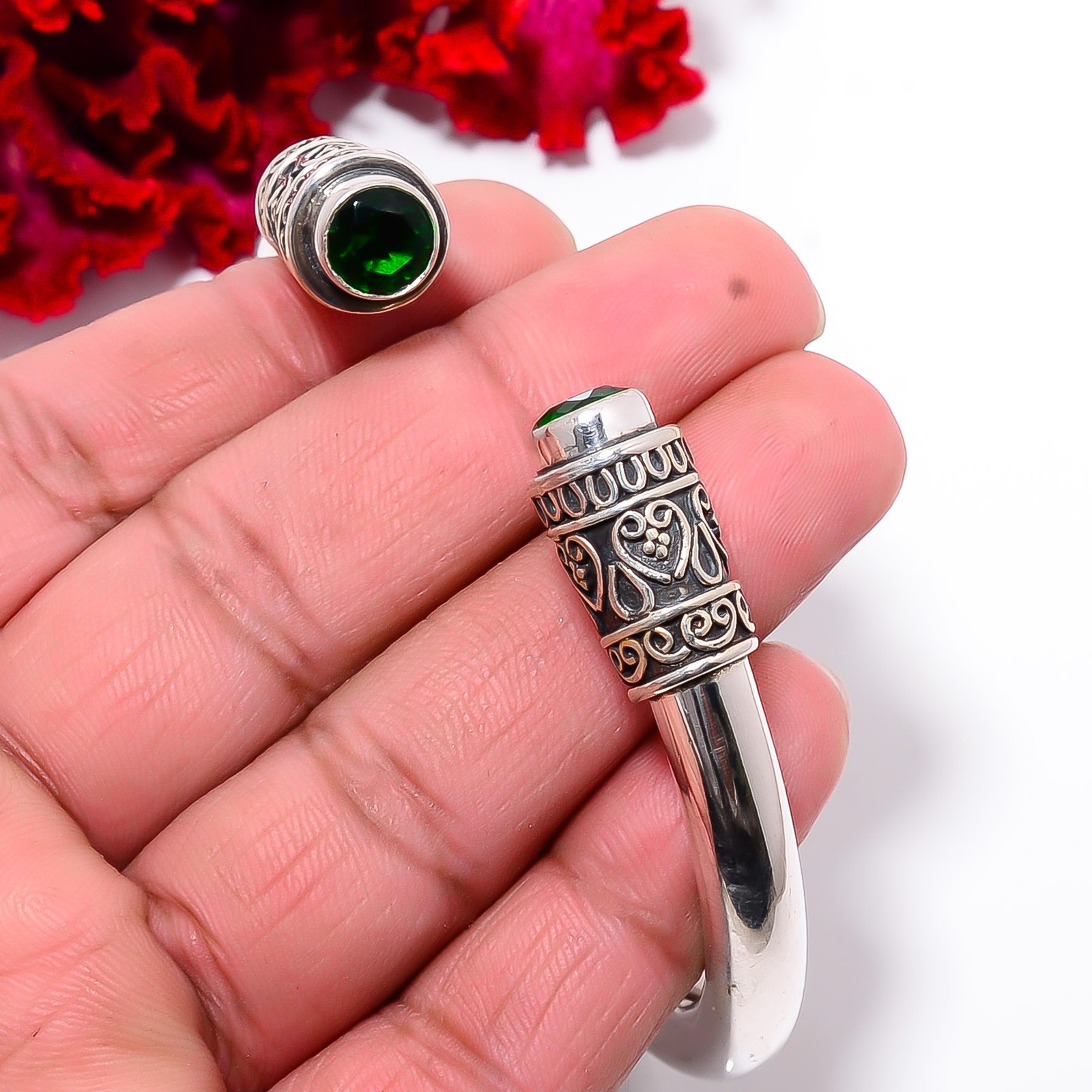 Chrome Diopside 925 Sterling Silver Bali Cuff|C100039416