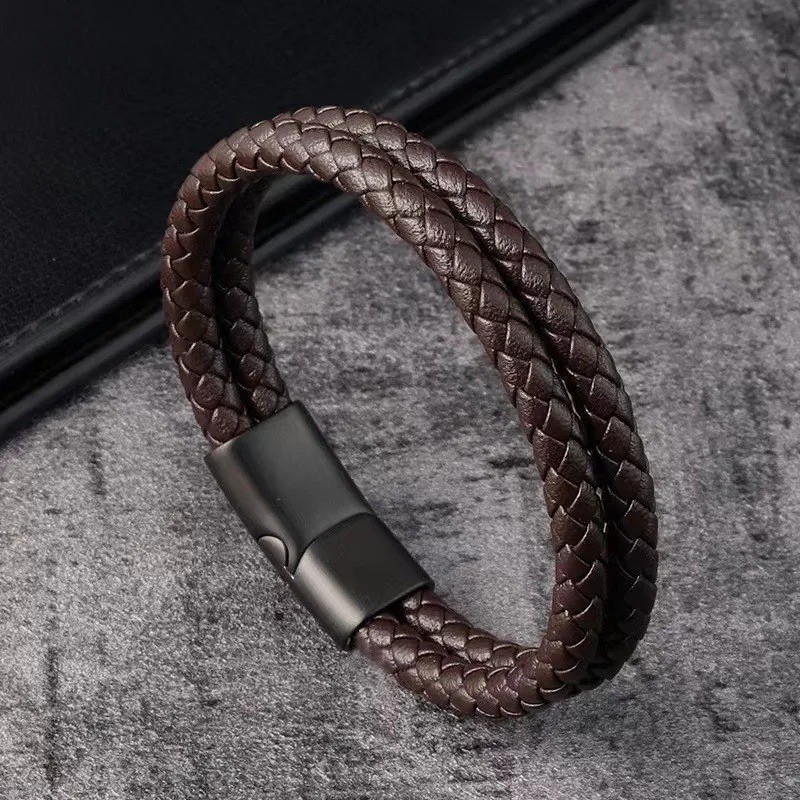 Leather Wrap Bracelet Men’s Double Layer Handwoven Wristband Everyday Wear Gift
