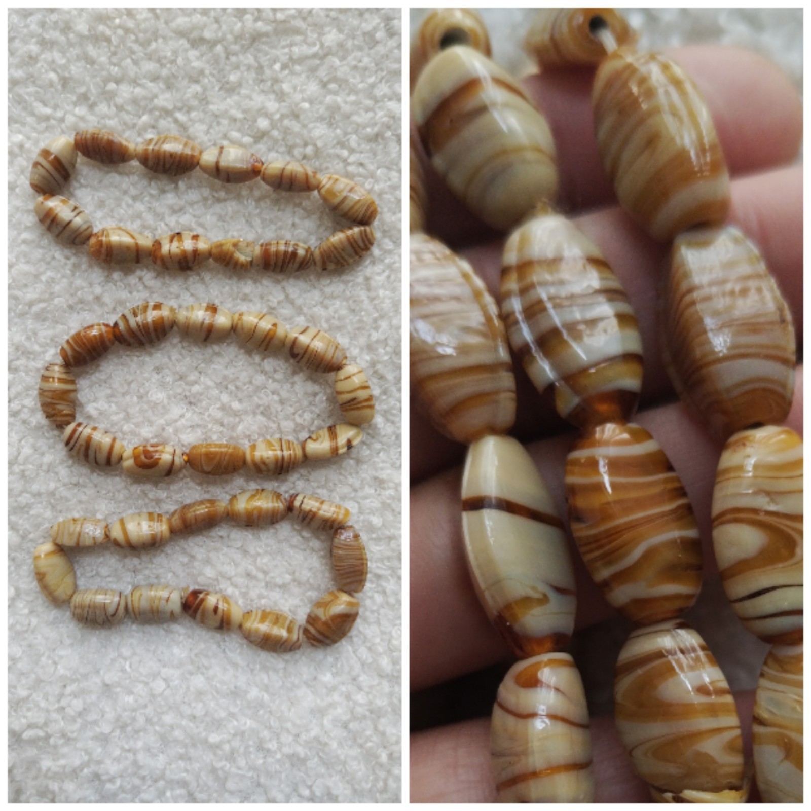 3 X Caramel Brown​ Swirl Stripe Oval Glass Beaded Elasticated Bracelets