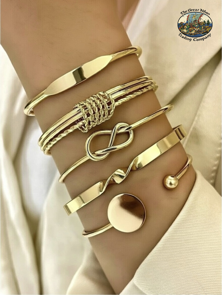 Timeless 5 Piece Cuff Bracelet Stack / Set in Gold in Velvet Gift Bag!
