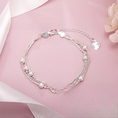 925 silver plated three-layer box chain matte bead bracelet