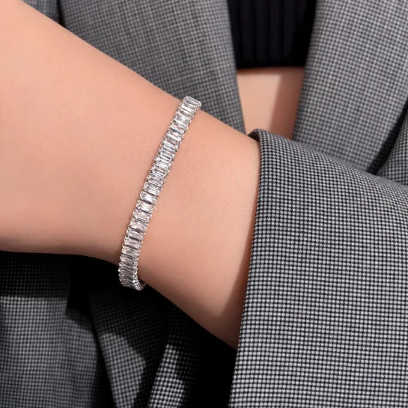 Silver-Tone CZ Tennis Bracelet Women Emerald Cut Crystal Stretch Elegant Gift
