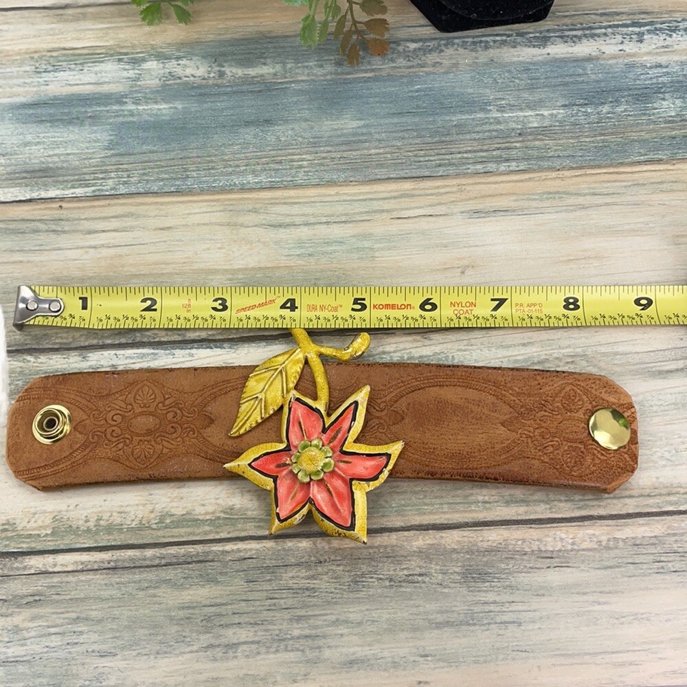 Adorned Crown Artisan leather cuff fall Vintage Enamel flower bracelet