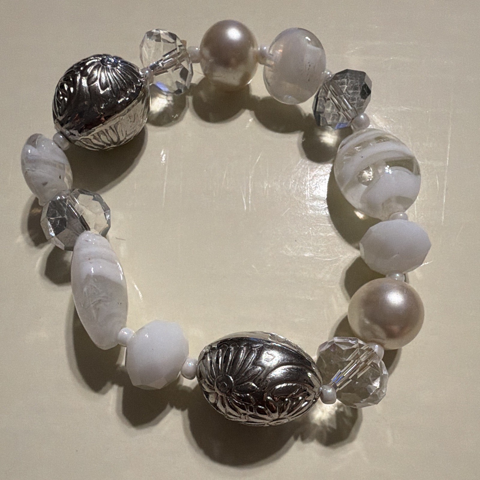 Silver Tone White Clear Glass Beaded Stretch Bracelet Oval Beads Elastic