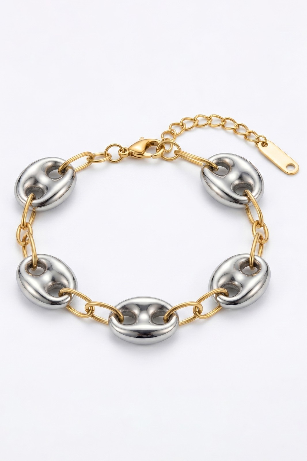 18K Gold Plated Stainless Steel Two Tone Puffy Mariner Link Chain Bracelet 6.7″