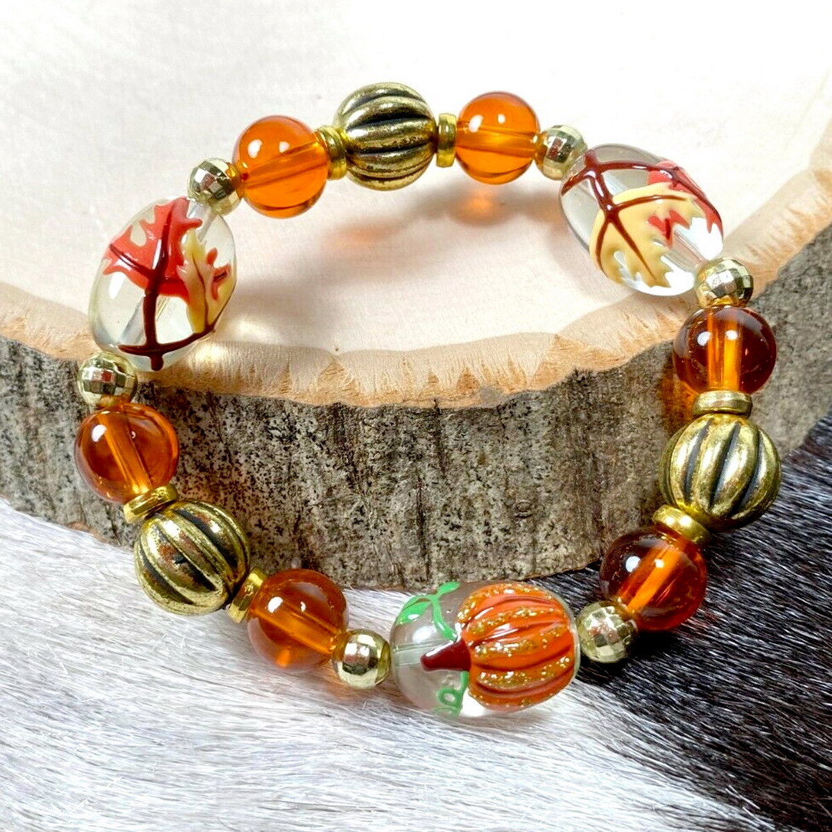 Fall Bracelet Pumpkin Maple Leaf Harvest Jewelry Beaded Gold Orange Brown
