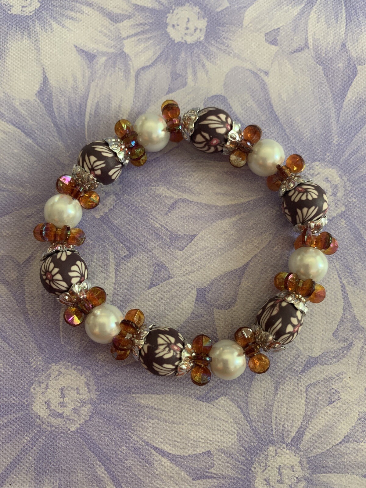Black Brown Orange Flower Clay & Pearl Style Beads Stretchy Elastic 3 Bracelets
