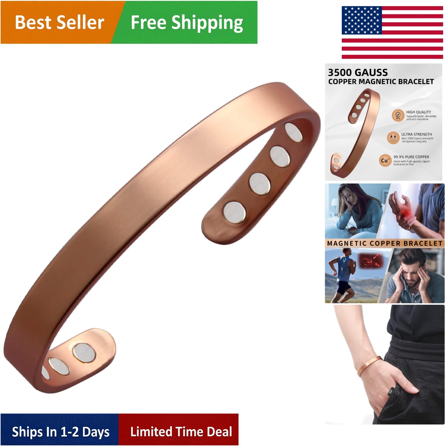 Durable 99.9% Pure Copper Adjustable Bracelet – Elegant Magnetic Wellness Bangle