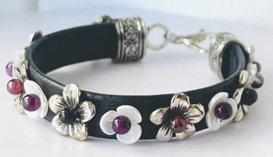 Women’s Genuine Leather Natural Stone Flower bracelet 6-6,5 Inches