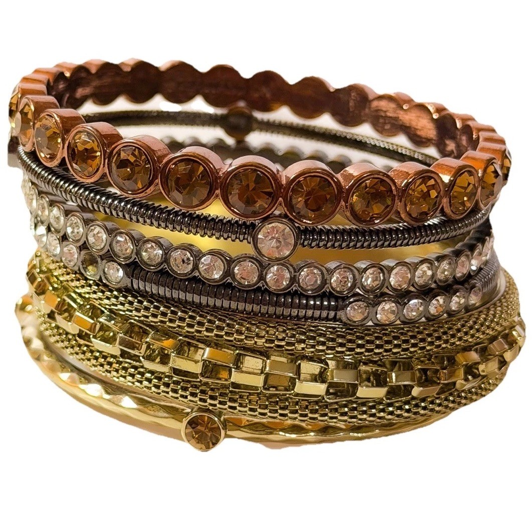 R.J. Graziano Stacking Bangle Bracelet Lot 6 Rhinestone Mixed Metal Signed