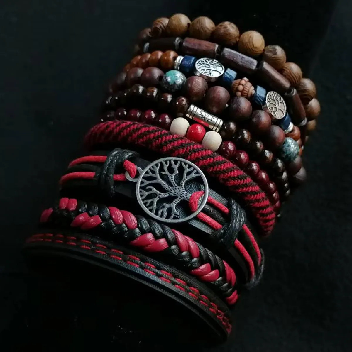 Khaki Tree 10 Pcs/Set Black Wrap Woven Fashion Handmade Men Bracelets Male Women