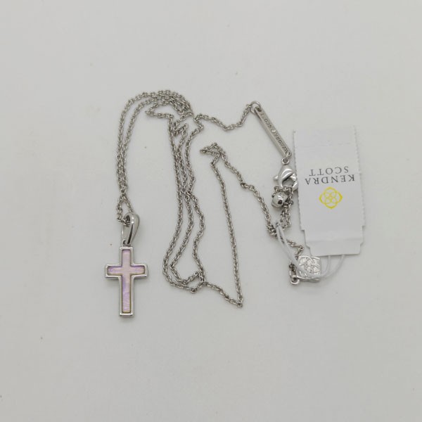 New Kendra Scott Cross Silver Pendant Necklace in Pink Dichroic Glass