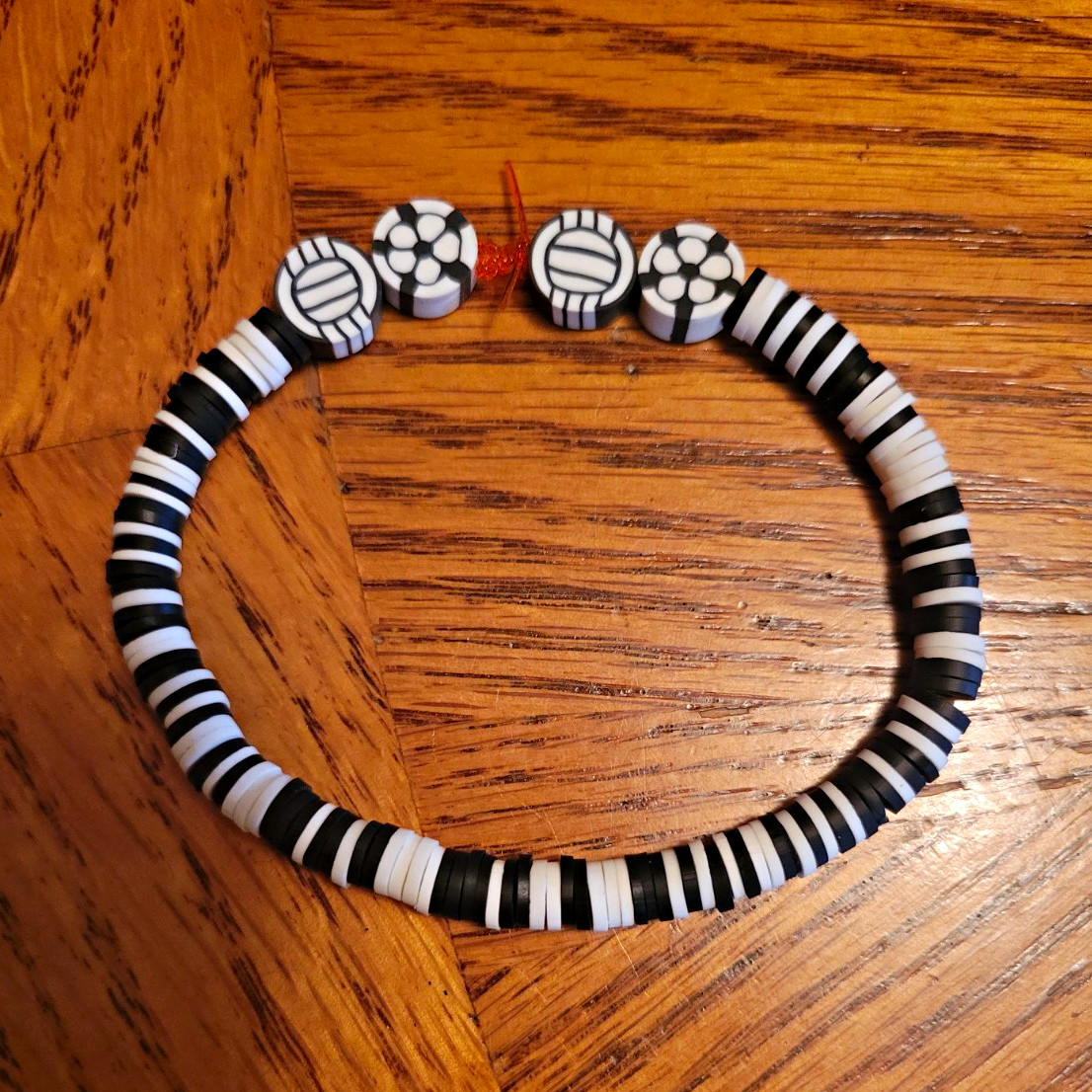 Black & White Plastic Beaded Stretch Bracelet with Soccer Ball Beads, Stackable