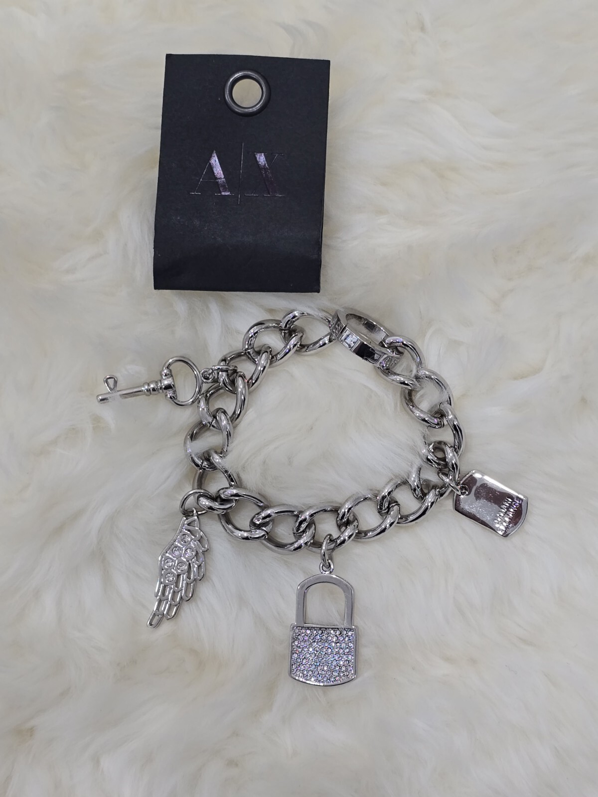 Armani Exchange Chain Bracelet Stainless Steel Silver Charms Push Lock BNWT